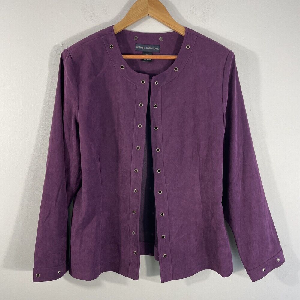 Womens Natural Impressions Open Front Jacket Plum Gold Grommets Size Large